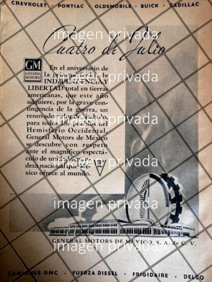 CARTEL PUBLICIDAD PATRIOTA 1942 G. MOTORS MEXICO EN GUERRA 1942