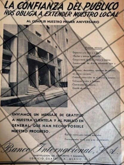 CARTEL PUBLICITARIO RETRO. BANCO INTERNACIONAL 1942 /156