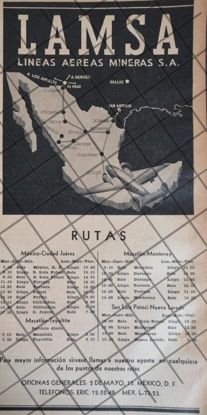 CARTEL ANIGUO AEROLINEAS. LINEAS AEREAS MINERAS- LAMSA