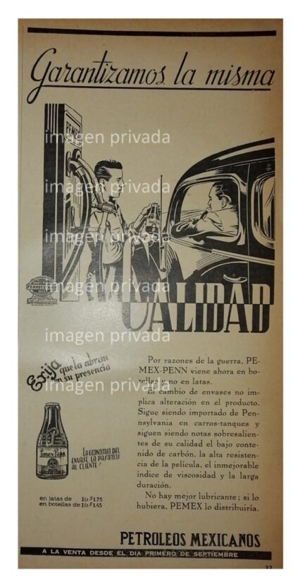 CARTEL PUBLICITARIO ANTIGUO PEMEX PENN BOTELLA VIDRIO, RARO