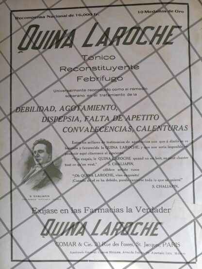 CARTEL ANTIGUO QUINA LA ROCHE Y FEDOR CHALIAPIN 1910