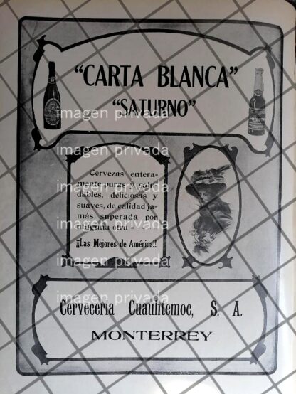 CARTEL ANTIGUO CERVEZA CARTA BLANCA SATURNO 1910 203