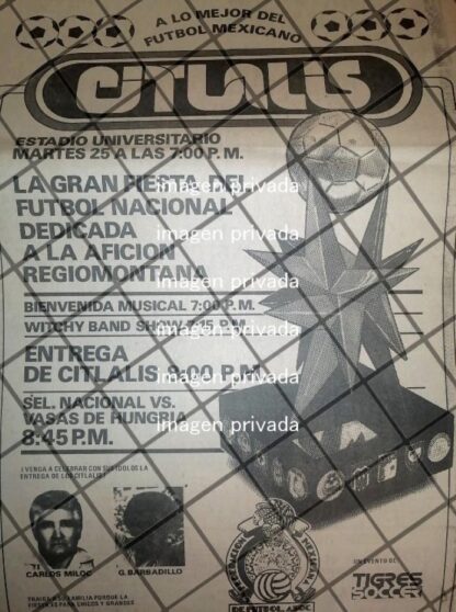 CARTEL RETRO PREMIO CITLALI 1984 CLUB TIGRES CARLOS MILOC