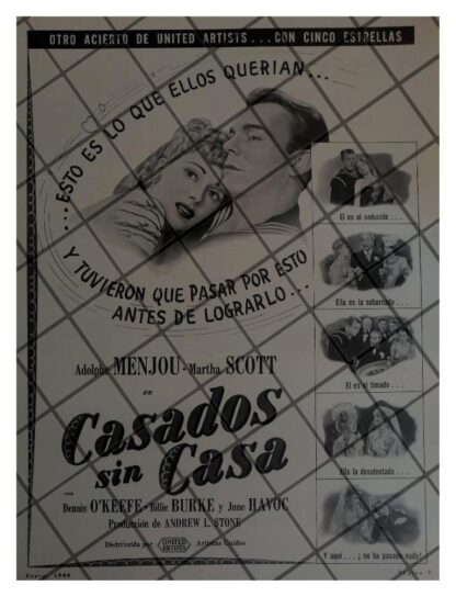 CARTEL ANTIGUO PELICULA. CASADOS SIN CASA 1944