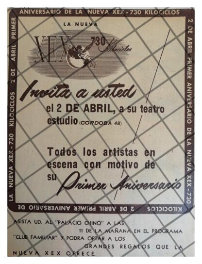 AFICHE RETRO RADIO DIFUSORA XEX 1952 1ER ANIVERSARIO