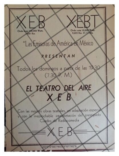 AFICHE RETRO RADIO DIFUSORA XEB 1952 EL TEATRO DEL AIRE