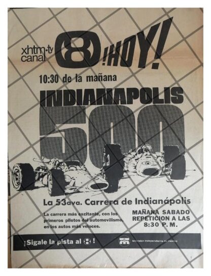 AFICHE RETRO 500 MILLAS DE INDIANAPOLIS, CANAL 8 /1969