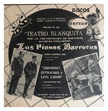 AFICHE RETRO TEATRO BLANQUITA Y LOS PIANOS BARROCOS 1969