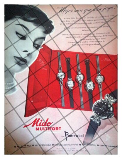 CARTEL PUBLICITARIO RETRO RELOJES MIDO MULTIFORT 1955