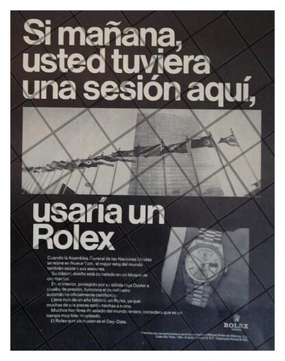 CARTEL PUBLICITARIO RETRO 1969 RELOJES ROLEX Y LA O.N.U