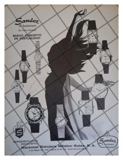 CARTEL PUBLICITARIO RETRO RELOJES SANDOZ 1968 MUY RARO