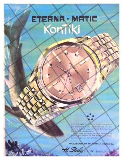 CARTEL PUBLICITARIO RETRO RELOJES ETERNAMATIC KONTIKI 65