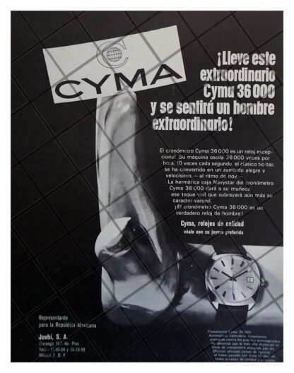 CARTEL PUBLICITARIO RETRO RELOJES CYMA 36000. 1969