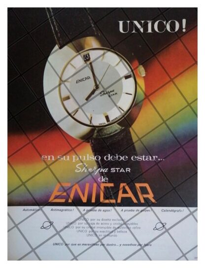 CARTEL PUBLICITARIO RETRO RELOJES ENICAR SHERPA STAR 1966