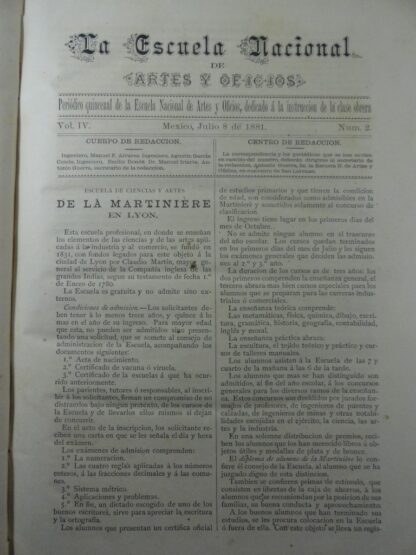 GACETA ANTIGUA. ESCUELA NACIONAL DE ARTES Y OFICIOS. JUL 1881 /2