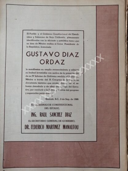 CARTEL ANTIGUO. B. CALIFORNIA FELICITA A DIAZ ORDAZ 1968