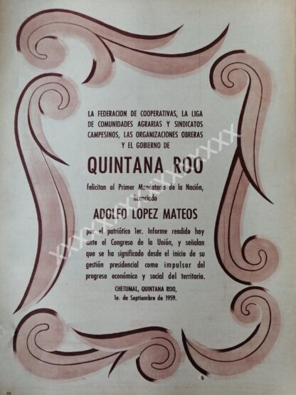 CARTEL ANTIGUO QUINTANA ROO FELICITA A LOPEZ MATEOS. 1959