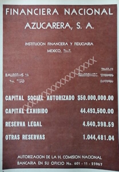 CARTEL ANTIGUO BANCO FINANCIERA NAC. AZUCARERA 1959