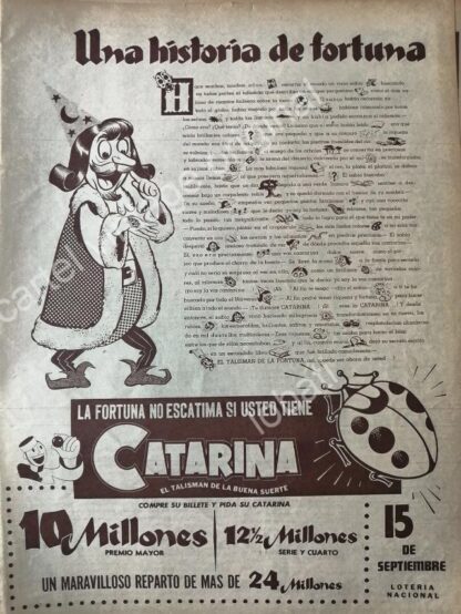 CARTEL ANTIGUO ORIGINAL DE LA LOTERIA NACIONAL EL TALISMAN CATARINA 1955 / RARO