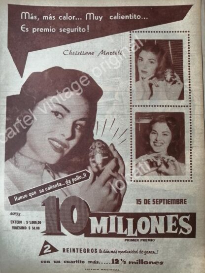 CARTEL ANTIGUO ORIGINAL DE CHRISTIAN MARTELL EN LA LOTERIA NACIONAL. 1956 / FEP