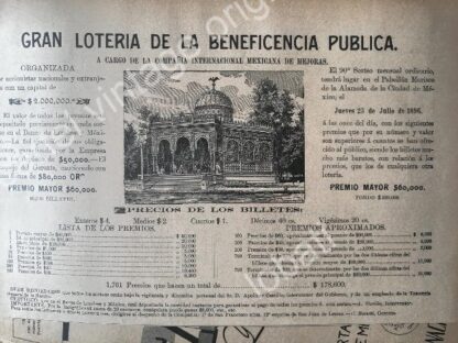 CARTEL ANTIGUO ORIGINAL DE LOTERIA NACIONAL JULIO 1896 Y EL KIOSCO MORISCO /147