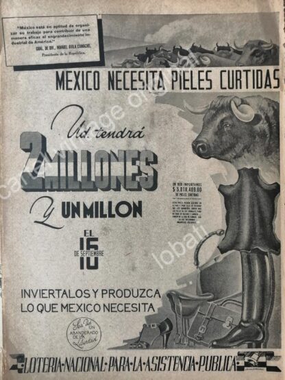 CARTEL ANTIGUO ORIGINAL DE PUBLICIDAD PATRIOTA LOTERIA NACIONAL 1942 MEXICO EN GUERRA /146