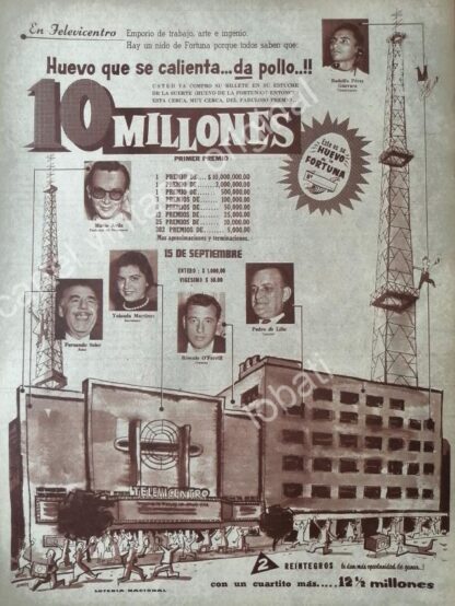 CARTEL ANTIGUO ORIGINAL DE LOTERIA NACIONAL CON TELEVISA Y ACTORES FAMOSOS 1950s /FEP