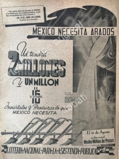 CARTEL ANTIGUO ORIGINAL DE PUBLICIDAD PATRIOTA LOTERIA NACIONAL 1942 MEXICO EN GUERRA /144