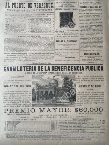 CARTEL ANTIGUO ORIGINAL DE LOTERIA NACIONAL / FERROCARRILES NAC Y OTROS 1895