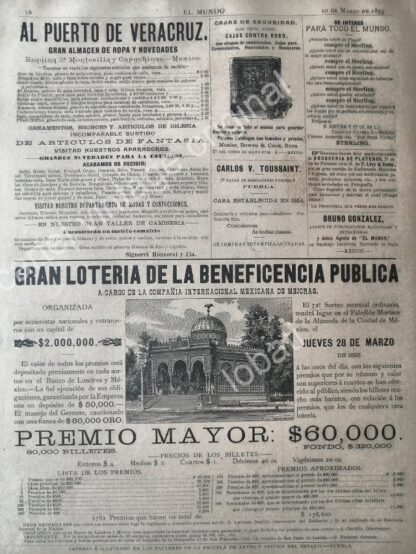 CARTEL ANTIGUO ORIGINAL DE LOTERIA NACIONAL 1895 Y WAGNER Y LEVIEN