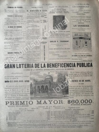 CARTEL ANTIGUO ORIGINAL DE LOTERIA NACIONAL 1895 WAGNER Y LEVIEN Y OTROS