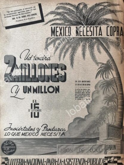 CARTEL ANTIGUO ORIGINAL DE PUBLICIDAD PATRIOTA LOTERIA NACIONAL 1942 MEXICO EN GUERRA /141