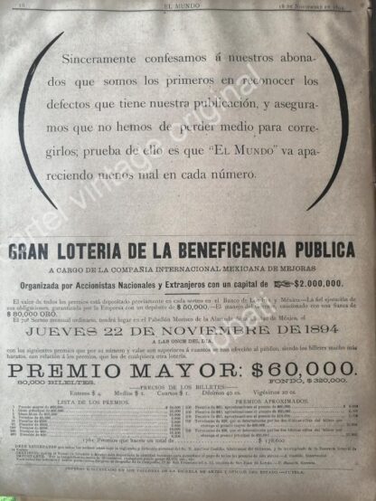 CARTEL ANTIGUO ORIGINAL DE LOTERIA NACIONAL 1894 Y SEGUROS LA MEXICANA