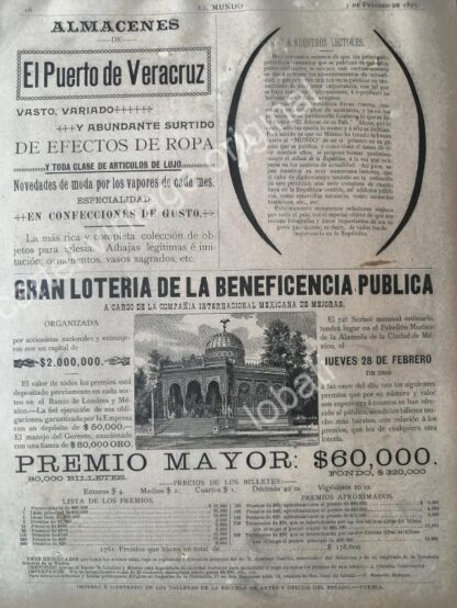 CARTEL ANTIGUO ORIGINAL DE LOTERIA NACIONAL 1895 CON EL KIOSKO MORISCO Y MAS