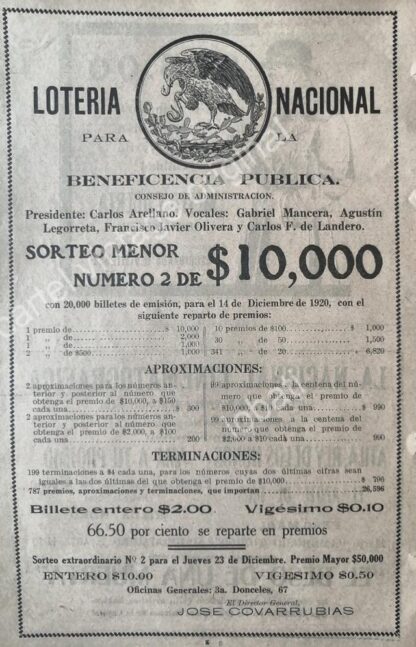 CARTEL ANTIGUO ORIGINAL DE RARO AFICHE LOTERIA NACIONAL AGUILA MAXIMATO 1920 /139