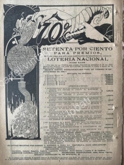 CARTEL ANTIGUO ORIGINAL DE RARO AFICHE LOTERIA NACIONAL ART NOUVEAU 1920 /138