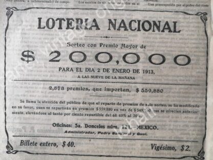 CARTEL ANTIGUO ORIGINAL DE MINI CARTEL LOTERIA NACIONAL ENERO 1913 /154