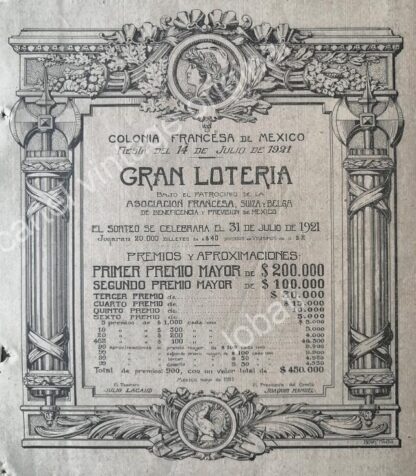 CARTEL ANTIGUO ORIGINAL DE LOTERIA DE LA COLONIA FRANCESA EN MEXICO 1921 / SUPER RARO