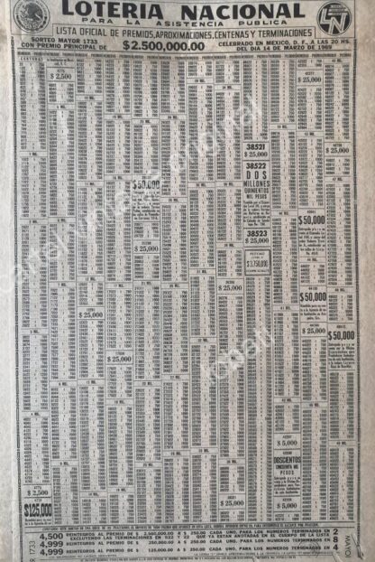 CARTEL ANTIGUO ORIGINAL DE LISTA DE PREMIOS LOTERIA NACIONAL 14 MARZO 1969 /131