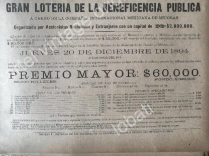 CARTEL ANTIGUO ORIGINAL DE LOTERIA NACIONAL 20 DICIEMBRE 1894 /152