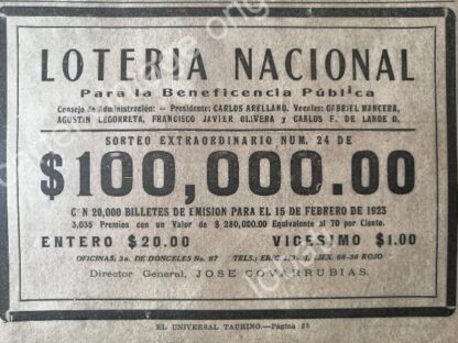 CARTEL ANTIGUO ORIGINAL DE LOTERIA NACIONAL. 1922 /106