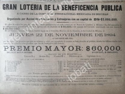 CARTEL ANTIGUO ORIGINAL DE LOTERIA NACIONAL NOVIEMBRE 1894 /151