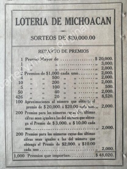 CARTEL ANTIGUO ORIGINAL DE LOTERIA DE MICHOACAN 1914 / RARO /4