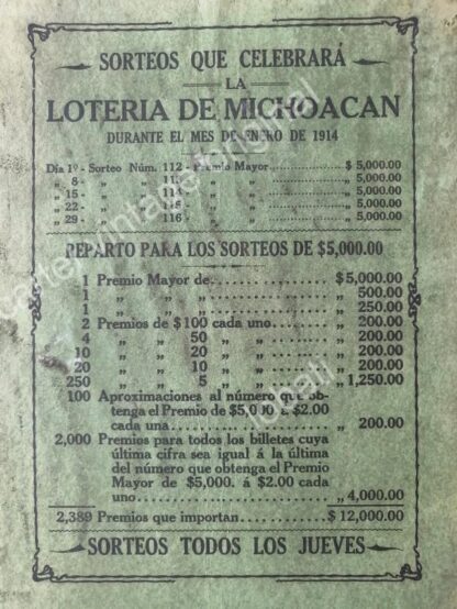 CARTEL ANTIGUO ORIGINAL DE LOTERIA DE MICHOACAN 1914 / MUY RARO - Imagen 3