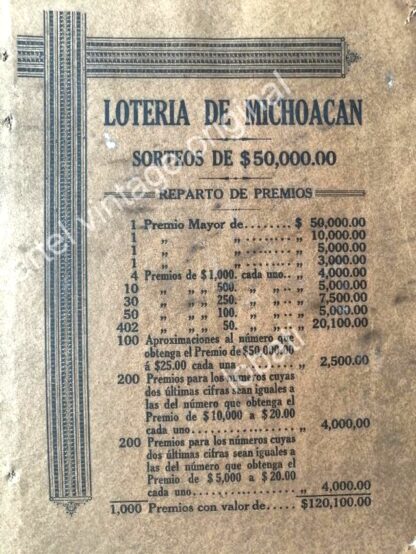 CARTEL ANTIGUO ORIGINAL DE LA LOTERIA DE MICHOACAN 1913 / MUY RARO