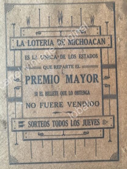 CARTEL ANTIGUO ORIGINAL DE LA LOTERIA DE MICHOACAN 1913 / MUY RARO - Imagen 2