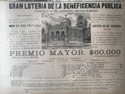 CARTEL ANTIGUO ORIGINAL DE LOTERIA NACIONAL FEBRERO 1895 Y EL KIOSCO MORISCO /151