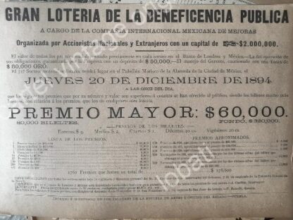 CARTEL ANTIGUO ORIGINAL DE LOTERIA NACIONAL DICIEMBRE 1894 /150