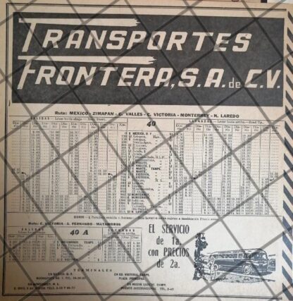 AFICHE ANTIGUO TRANSPORTES FRONTERA ITINERARIO 1950s