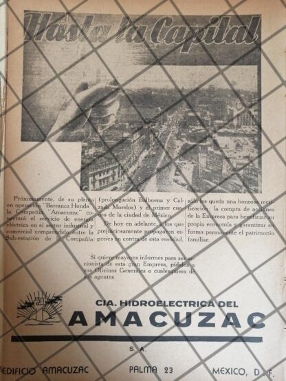 PUBLICIDAD ANTIGUA. CIA. HIDROELECTRICA AMACUZAC 1944